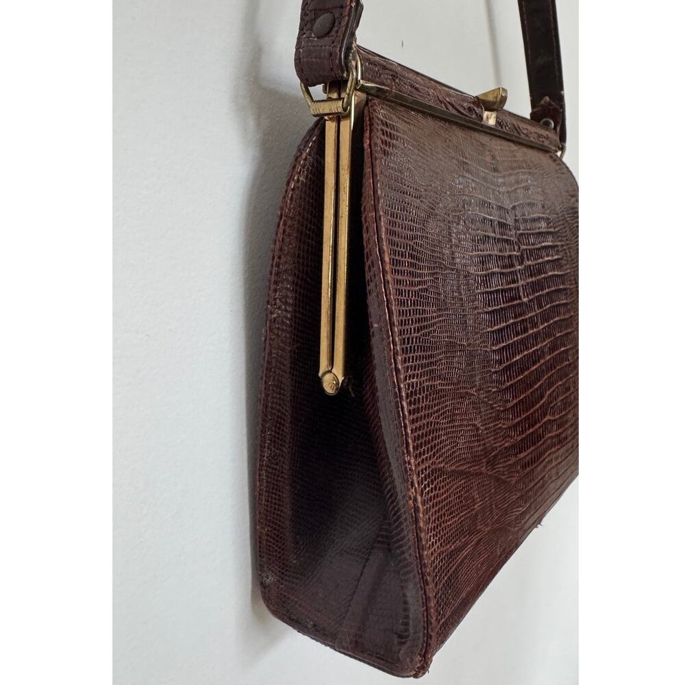 1950s Oxblood Lizard Embossed Top Handle Kiss Lock Purse - Picture 7 of 16